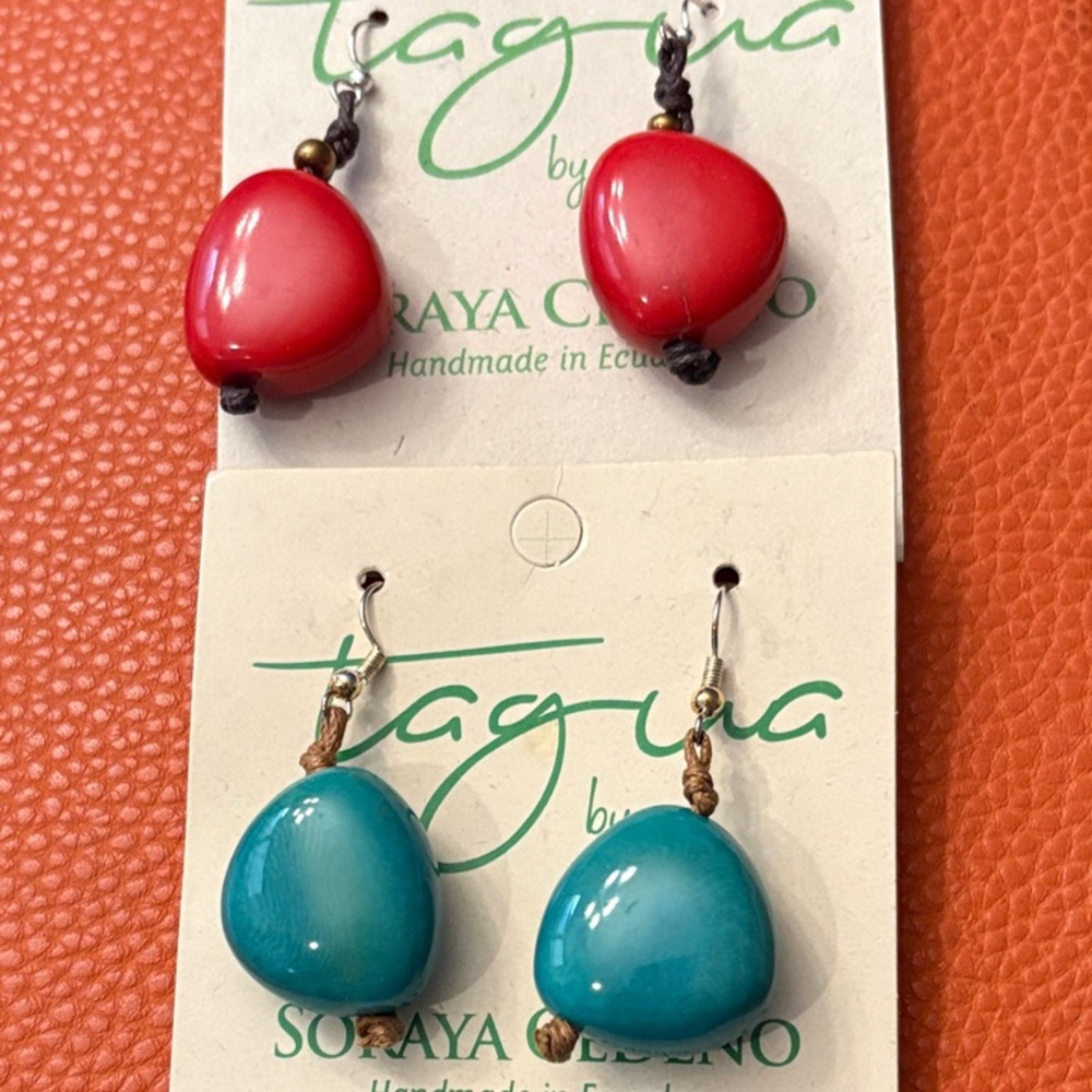 Soraya Cedeño Red and Blue Tagua Earrings